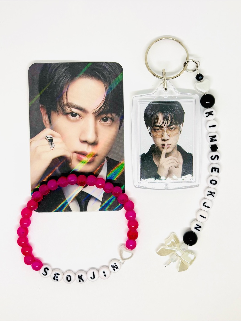 (3pcs) BTS JIN SEOKSJIN PHOTO KEYCHAIN BRACELET PHOTO CARD BUNDLE